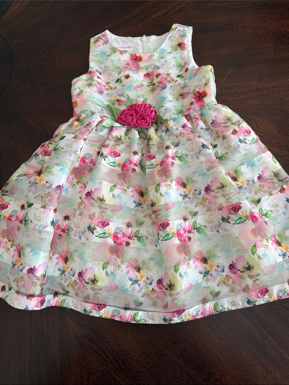 Bonnie Jean White Floral Dress with Pink Rosette Waist
